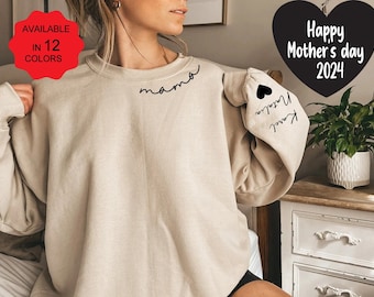 Sudadera de mamá personalizada con nombres de niños en la manga, regalo del Día de las Madres, regalo de cumpleaños para mamá, regalo de nueva mamá, suéter minimalista de mamá, yada09