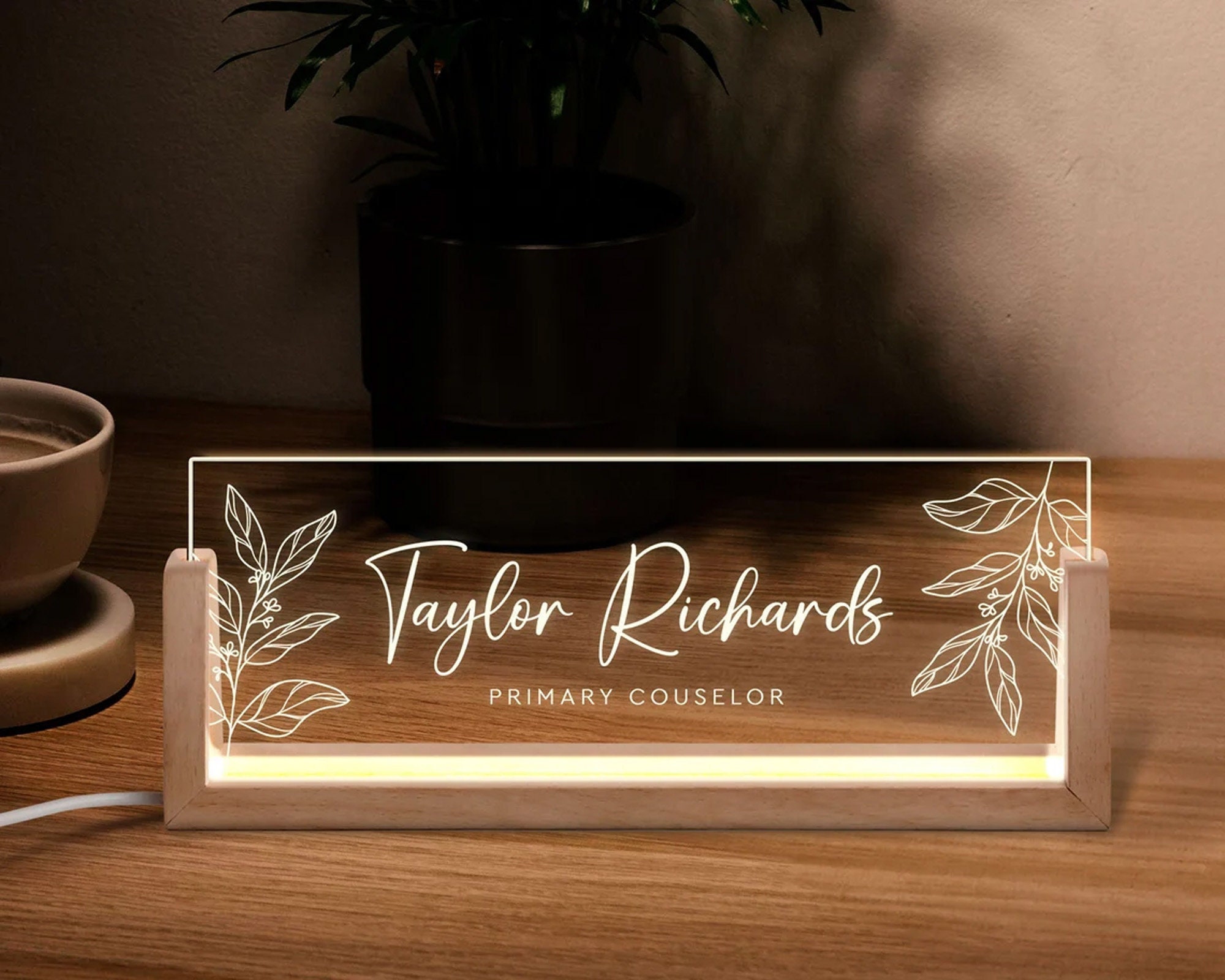 Personalized Desk Name Plate with Wooden Base, Personalized Office Light Decor, Phd Gift, Teacher Nameplate, Home Decor, mp109