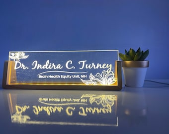 Personalized Desk Name Plate with Wooden Base, Personalized Office Light Decor, Phd Gift, Teacher Nameplate, Home Decor, Gift for Co-worker