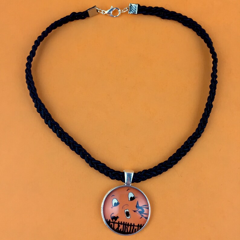 Choker Necklace Vintage Beistle Halloween Decoration Inspired 90s Style Black Cord Retro Witch Broom Stick Black Cat Moon Face Graphic Goth