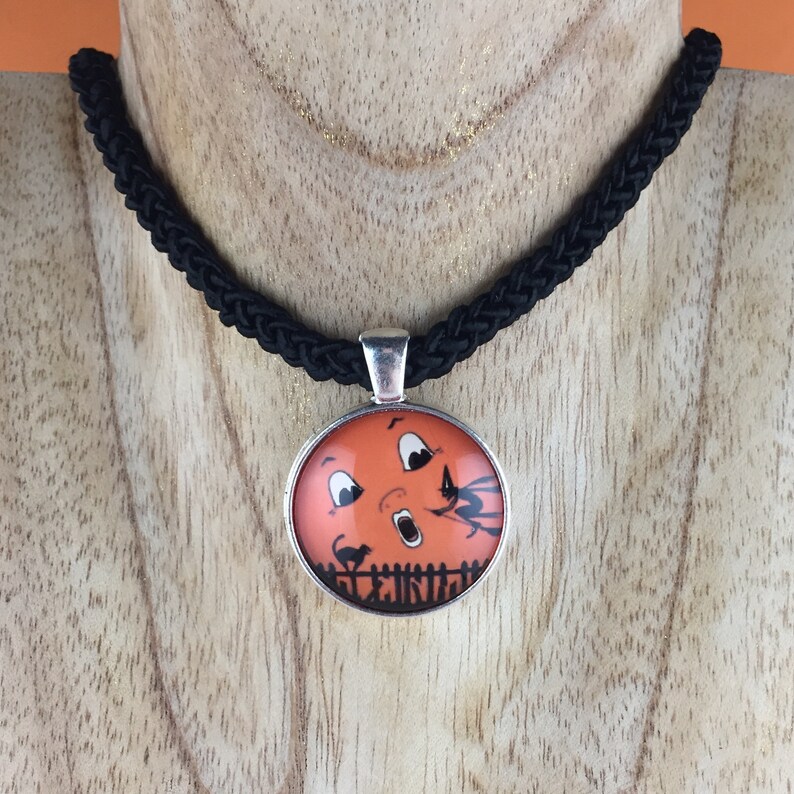 Choker Necklace Vintage Beistle Halloween Decoration Inspired 90s Style Black Cord Retro Witch Broom Stick Black Cat Moon Face Graphic Goth