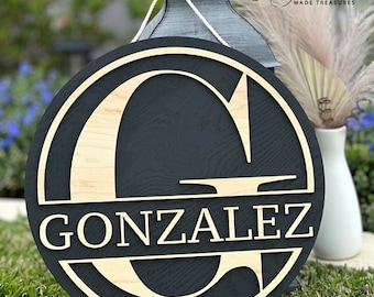 Last Name Wood Sign, Monogram Initial Door Hanger, Front Door Decor, Last Name Wall Decor, 5 Year Anniversary Gift