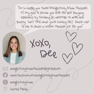 May include: A promotional image featuring a smiling woman with long brown hair. Text includes "Deelightfully Made Treasures" and contact information. The image has a light purple background with drawn hearts and a cursive font.