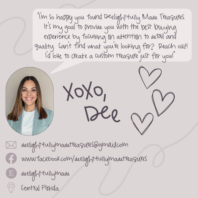 May include: A promotional image featuring a smiling woman with long brown hair. Text includes "Deelightfully Made Treasures" and contact information. The image has a light purple background with drawn hearts and a cursive font.