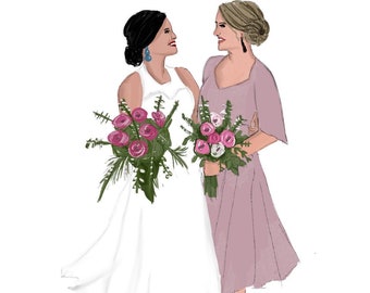 Custom Bride & Maid of Honor Wedding Illustration