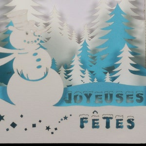 Pop Up - Bonhomme de neige en forêt - carte de vœux - Kirigami 3D