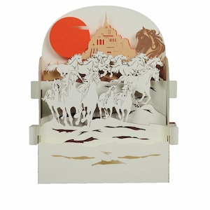 Carte de vœux 3D, carte pop up artisanale, diorama "Marée au galop MSM"