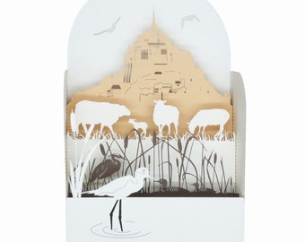 Carte de vœux 3D, pop up, diorama "Herbus du Mont Saint Michel"