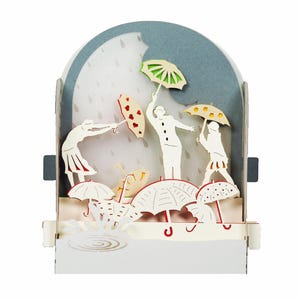 Carte de vœux 3D, carte pop up artisanale diorama "Sous la pluie"
