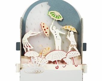 Carte de vœux 3D, carte pop up artisanale diorama "Sous la pluie"