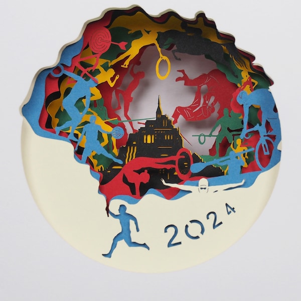Carte de vœux 3D, pop up "Jeux Olympiques 2024 Mont Saint Michel"