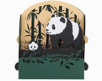 3D greeting card, handcrafted pop up card "Panda and her cub"