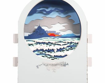 3D-Grußkarte, Pop-Up, Diorama „Sonnenuntergang am Mont Saint Michel“