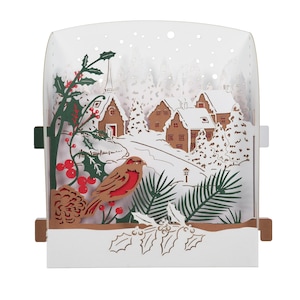 Carte Pop-Up-Village sous la neige-Carte de vœux 3D-Paysage hivernal-Carte Kirigami-Artisanale avec oiseaux-Houx- Façon " Ancienne carte "