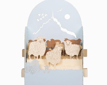 Carte de vœux 3D, pop up, diorama "Mont Moutons"