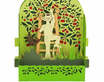 Carte de vœux 3D, pop up, diorama "Le temps des cerises"
