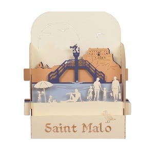 Carte de vœux 3D, carte pop up artisanale, diorama "Saint Malo - Plage de Bon Secours"
