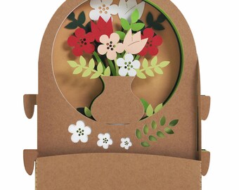 Cartão pop-up, flores, vaso, cartão de aniversário, parabéns, melhoras, noivado, casamento, dia dos namorados, aposentadoria.
