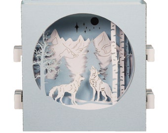 Carte de vœux 3D, pop up "Loups en hiver"