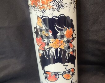 Fall Vibes Black Plaid & Autumn Leaves Top Knot Headband Sunglasses Girl Cup Custom Printed 20oz Stainless steel Tumbler
