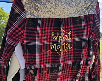 Blessed Mama Red Plaid with Gold Sequin Shoulders Bleach Splattered Women&#39;s Bleached Upcycled Flannel Size Large