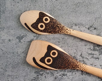 Handmade Woodburned Spoon - Black Cat with big eyes Design - Single - Standard Size Wooden Pyrography Spoon