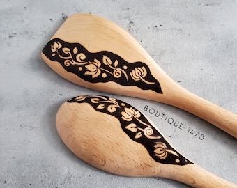 Handmade Woodburned Spoon Floral Design - Single - Standard Size Wooden Pyrography Spoon
