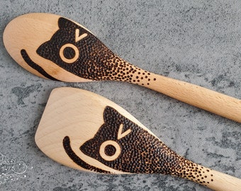 Handmade Woodburned Spoon - Black Cat winking Design - Single - Standard Size Wooden Pyrography Spoon