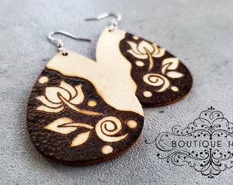 Woodburned Boho Flower teardrop Earring - Free Domestic Shipping