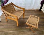 Vintage Rope Armchair Ottoman Hans Wegner Style Mid Century Design Woven Wooden