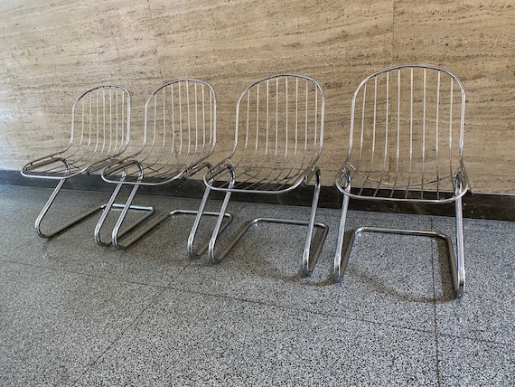 Vintage 1970's Chair Tubular Dining Mid Century Space Age Chrome Design Italian Vintage 1970's Chair Tubular Dining Mid Century Space Age Chrome Design Italian