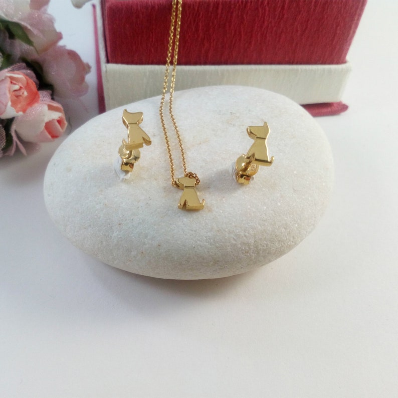 Rose gift Gold Dog necklace and earrings Set in 14K Solid Gold 14K Charm Gold Rose 9K Rose Charm Rose Necklace 14K