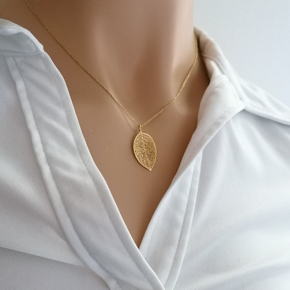 Gold Leaf Necklace 14K Gold Natural 