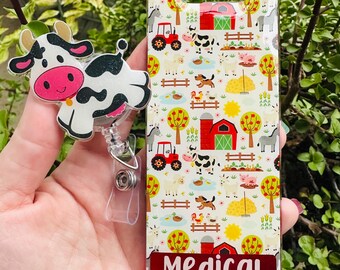 Farm Cartoon Badge Buddy and Cow Badge Reel