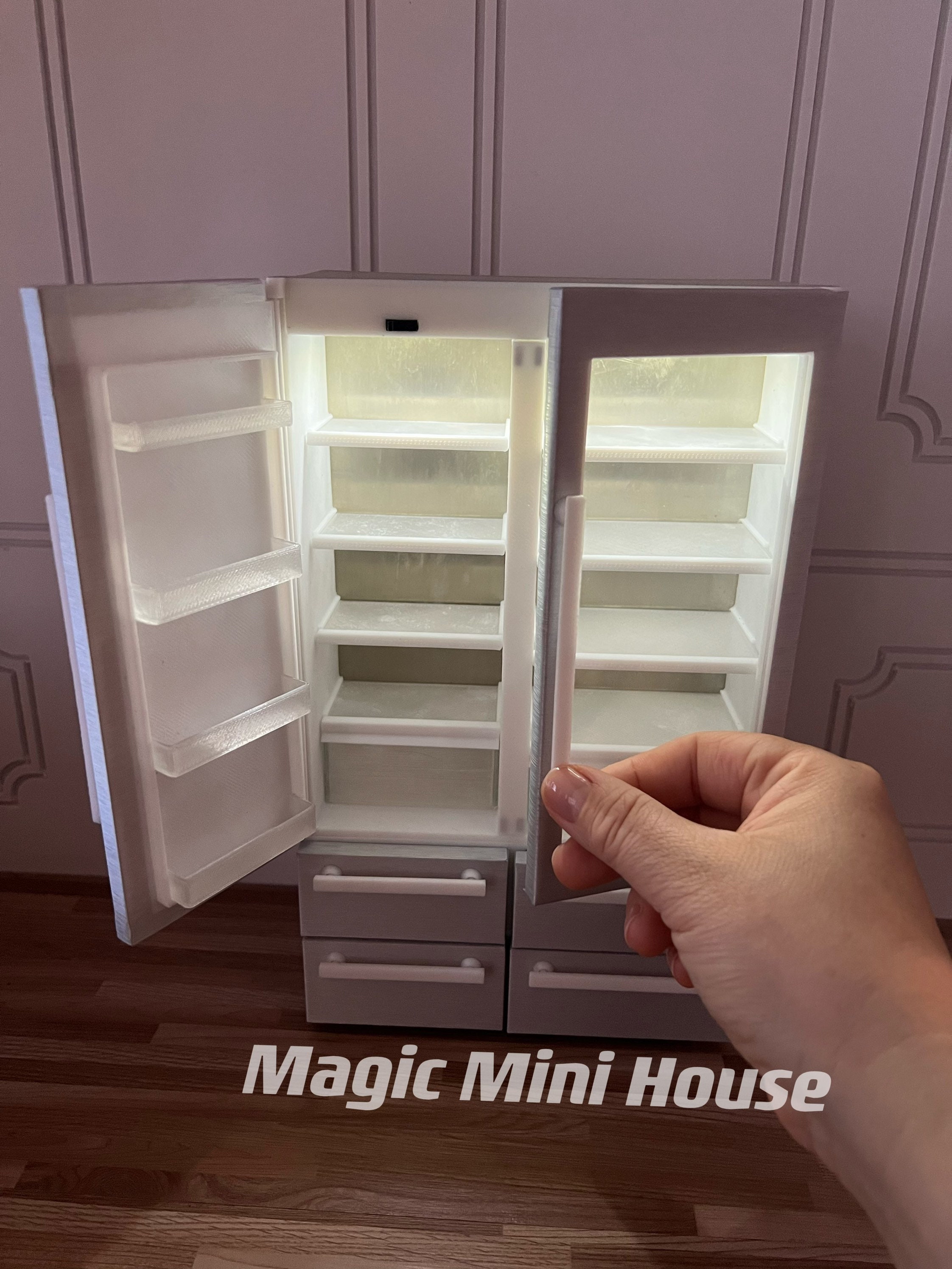 Real Working Miniature Double Door Fridge With Cooler Lights Drawers  Transparent Door 