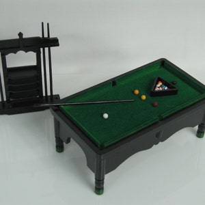 Dolls House Mahogany Pool Snooker Table & Cue Stand Set Pub Study Furniture 