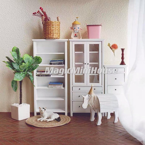 Miniature White Dresser Cabinet Display, Shelf Bookcase With Drawers