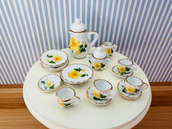 15Pcs 1:12 Miniature Porcelain Tea Cup Set Flower Tableware