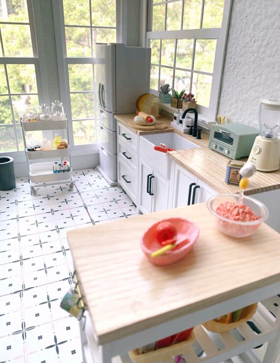 1:6 Scale Dollhouse Miniature Kitchen Wood Top White Cabinets