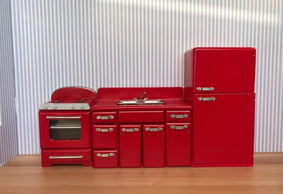 1:12 Scale Red Kitchen Set Fridge Stove Oven Sink Cabinet