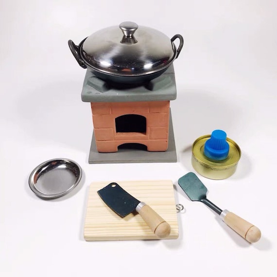 Miniature Ceramic Retro Cooking Stove Set Wok Lid Spatula Cutting board  Knife Oil Burner mini food real cooking