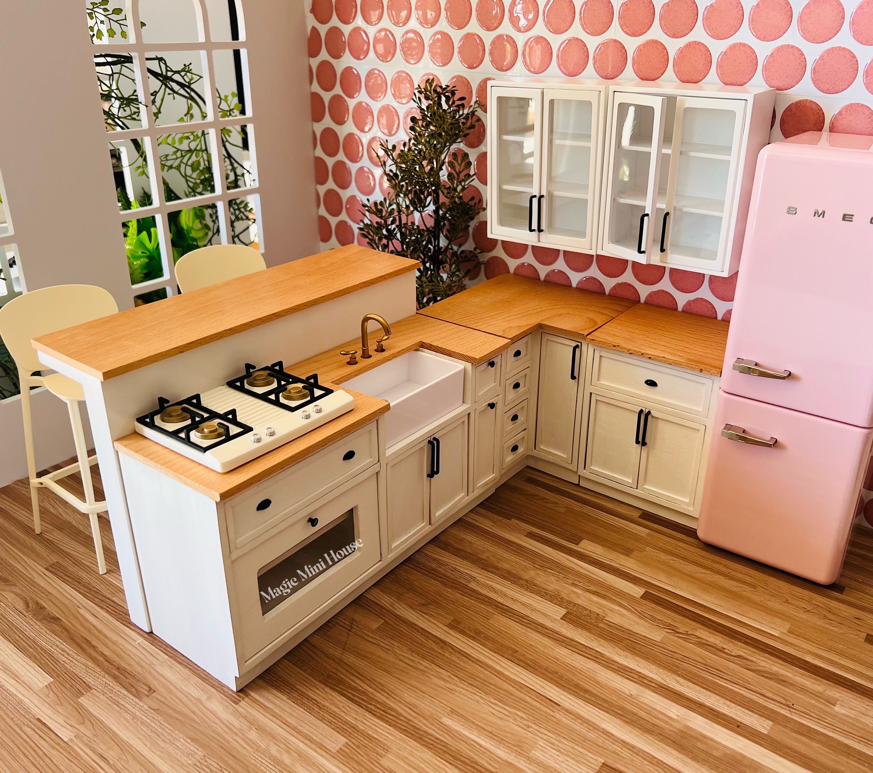 1:6 Scale Dollhouse Miniature Kitchen Wood Top White Cabinets