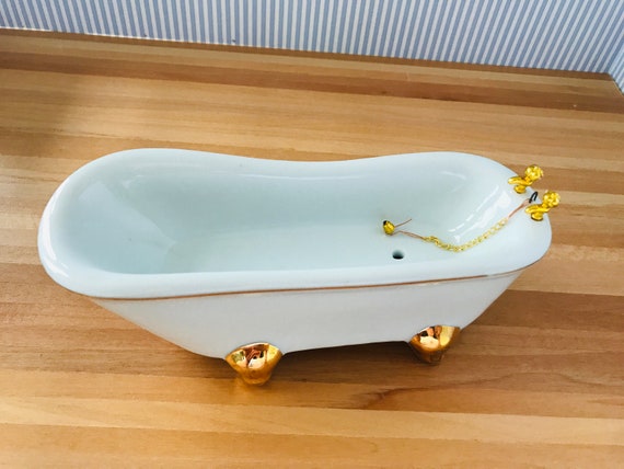 1/12 Miniature Ceramic White Bathtub With Gold Clawfoot 