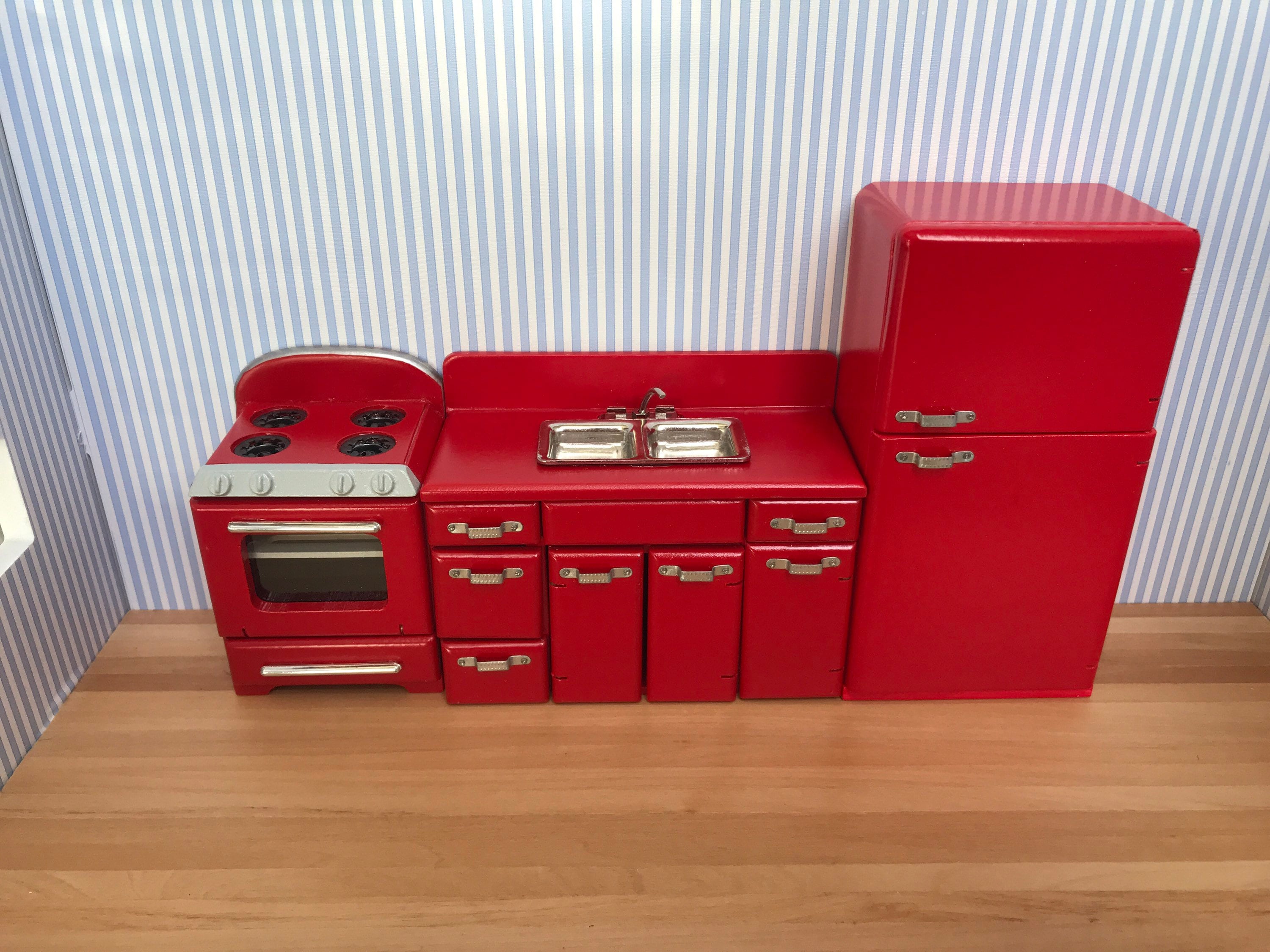 1:12 Scale Red Kitchen Set Fridge Stove Oven Sink Cabinet