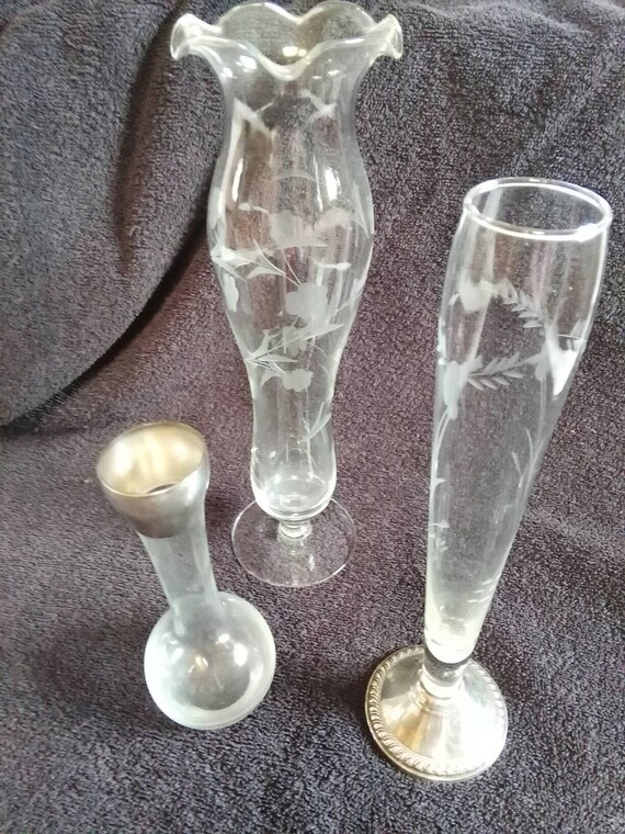 Vintage Clear Glass Bud Vases Set of 3 Etched Glass Etsy