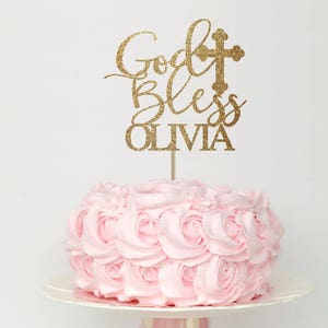 Baptism cake topper, god bless cake topper, cross cake topper, communion cake topper, confirmation cake topper, pink and gold communion