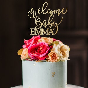 Welcome baby cake topper, baby shower cake top, baby shower decorations, gold cake topper, pink and gold baby shower, girl baby shower decor