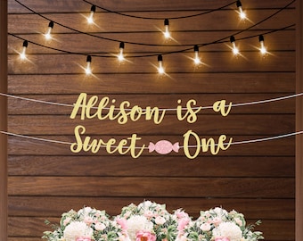 Sweet one banner, candy theme first birthday, first birthday banner, sweet one first birthday decorations, pink and gold birthday decor