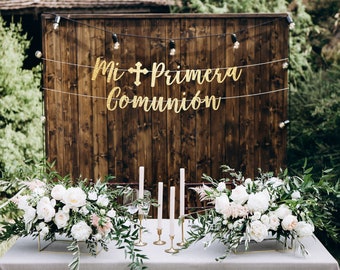 Mi primera comunion banner, First Holy Communion banner, communion banner, first communion banner, god bless banner, gold communion decor