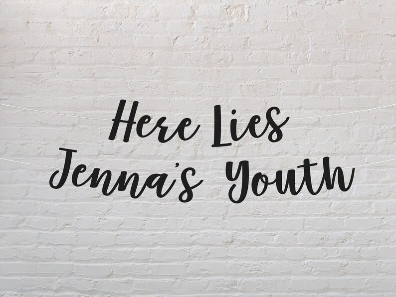 Here lies youth banner, personalized banner, 30 birthday decorations, thirtieth birthday, funny gag for friend dirty thirty, rip twenties image 1